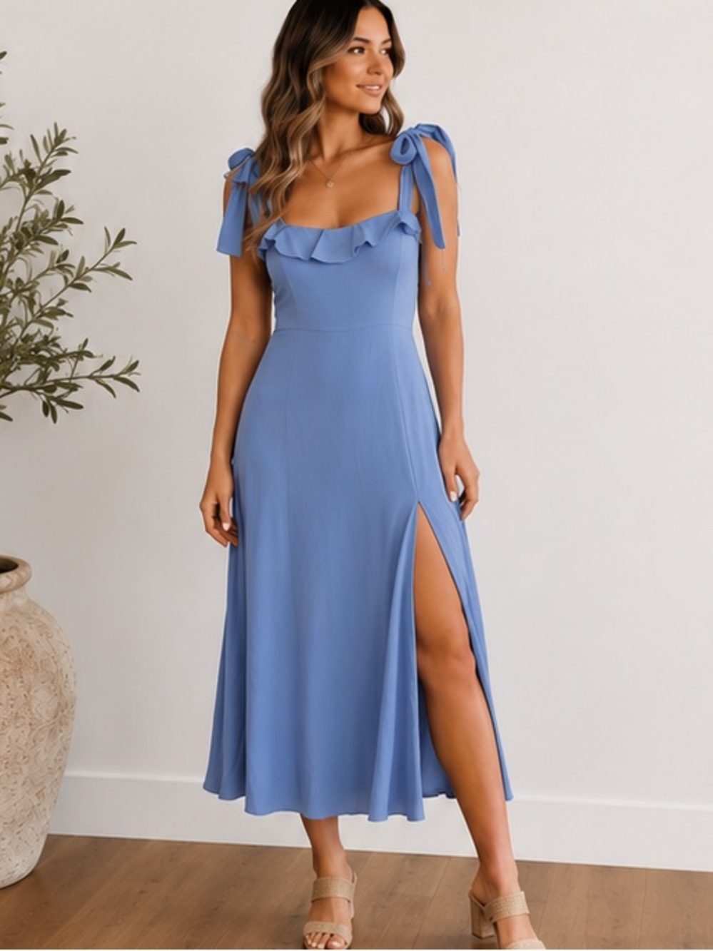 Trixxi Los Angeles Blue Tie-Shoulder Midi Sundress | Side Slit | Size S
